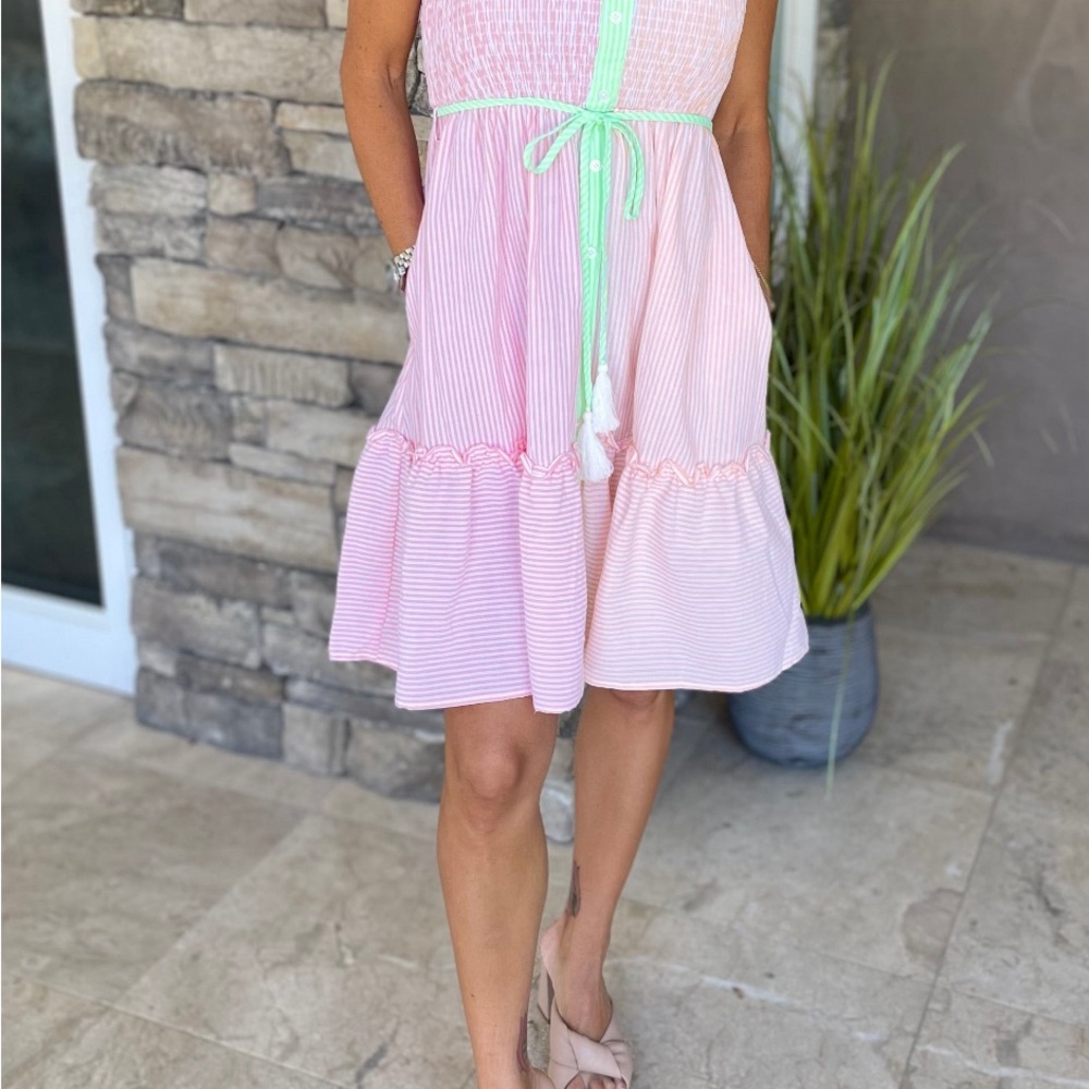 Pink/Orange Striped Strapless Dress